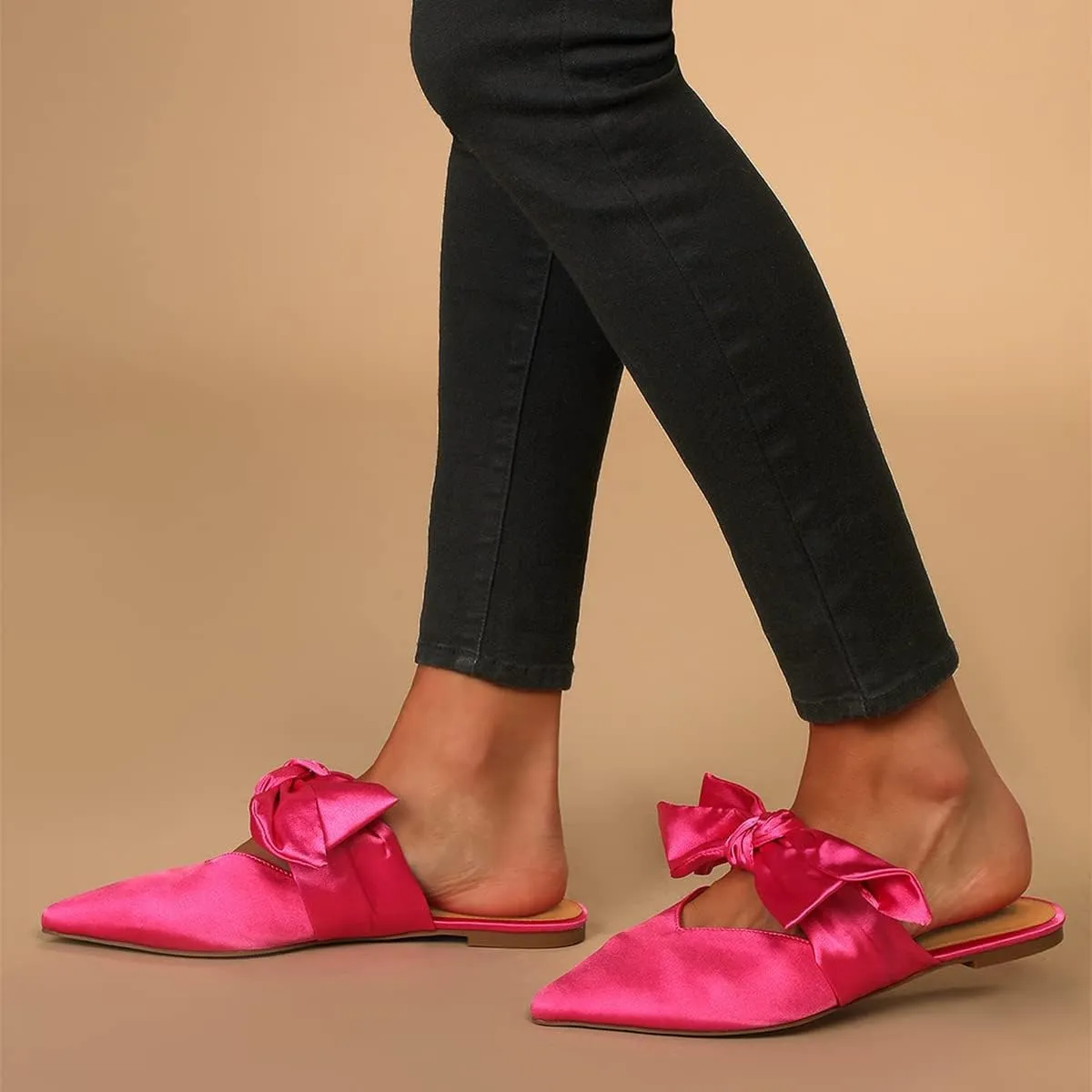 XYD Women's Flats Mules Pointy Toe Dressy Satin Bows Slip On Single Strap Wedding Party Holidays Sandal Shoes