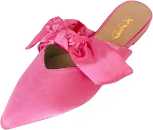 XYD Women's Flats Mules Pointy Toe Dressy Satin Bows Slip On Single Strap Wedding Party Holidays Sandal Shoes
