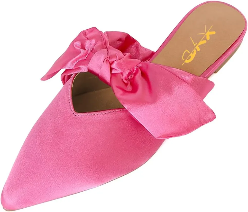 XYD Women's Flats Mules Pointy Toe Dressy Satin Bows Slip On Single Strap Wedding Party Holidays Sandal Shoes