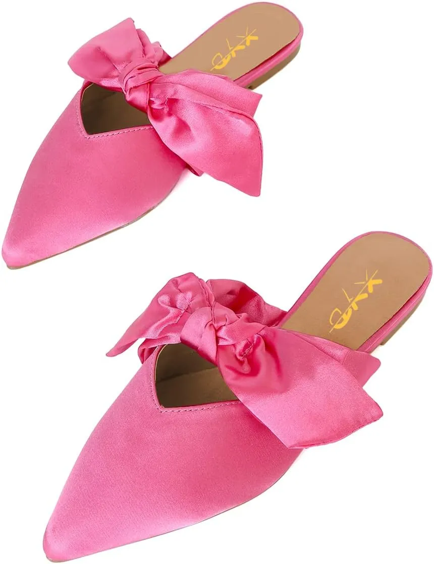 XYD Women's Flats Mules Pointy Toe Dressy Satin Bows Slip On Single Strap Wedding Party Holidays Sandal Shoes