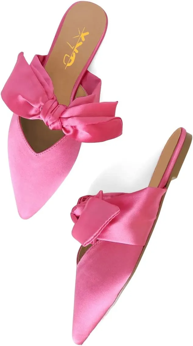 XYD Women's Flats Mules Pointy Toe Dressy Satin Bows Slip On Single Strap Wedding Party Holidays Sandal Shoes