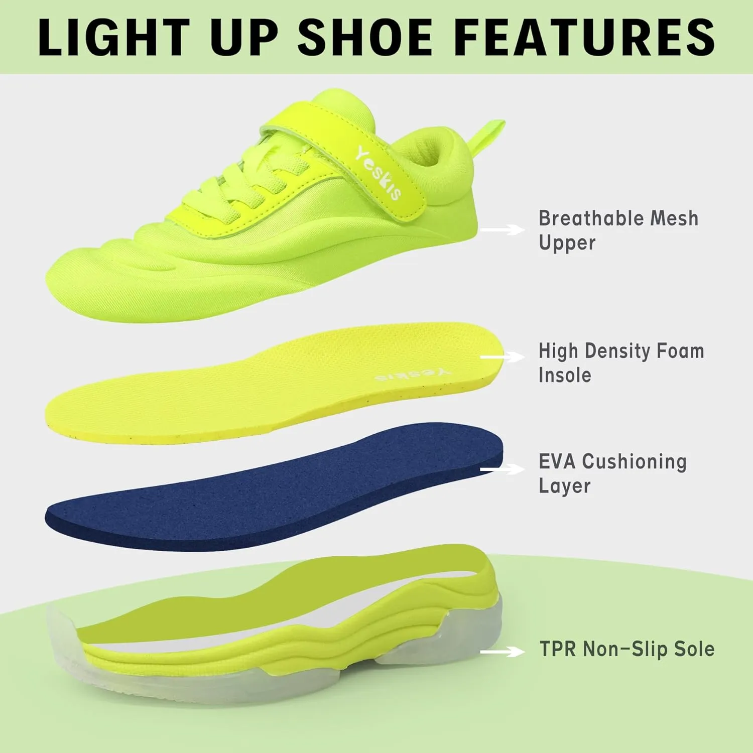 YESKIS Boys Girls Light Up Shoes with Switch 3 Lighting Modes Fizzzy Big Kids LED Running Tennis Sneakers for Toddler Little and Big Kid
