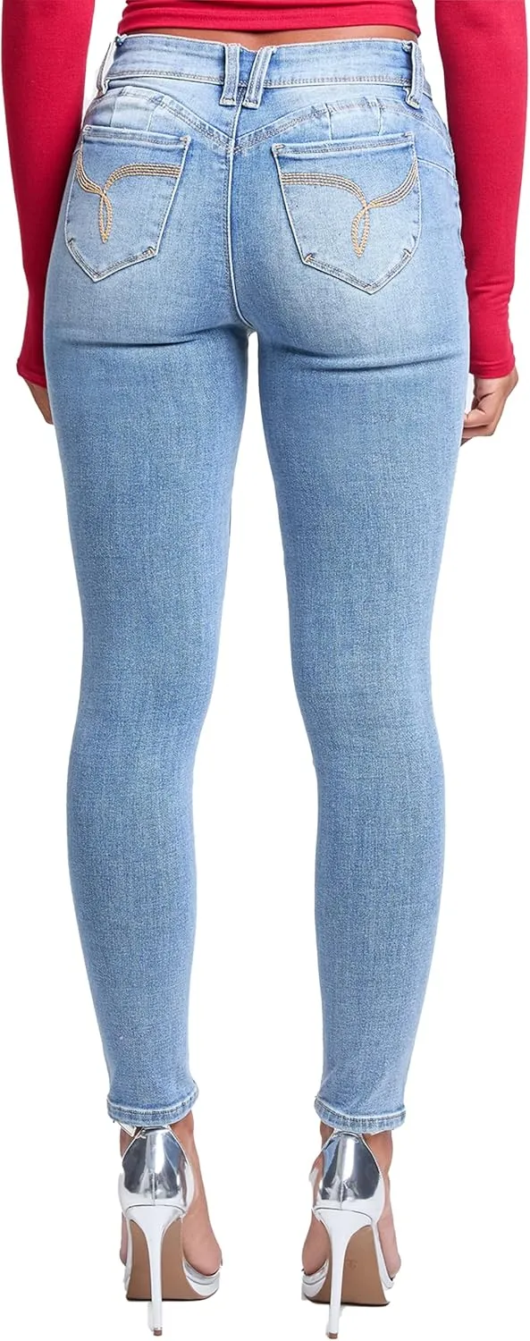 YMI Women's Wannabettabutt Mid Rise Embroidered Skinny Jean