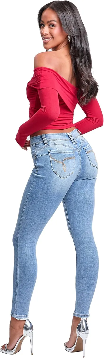 YMI Women's Wannabettabutt Mid Rise Embroidered Skinny Jean