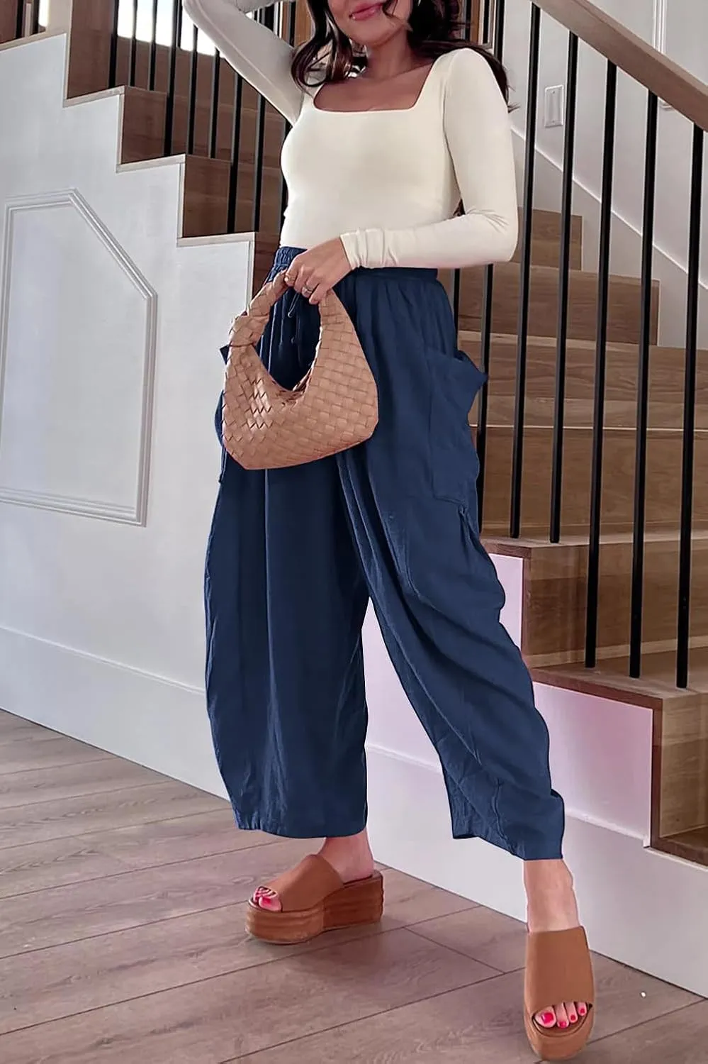 YOCUR Women Summer Beach Vacation Pants High Waisted Wide Leg Pants Printed Loose Flowy Casual Palazzo Lounge Trousers