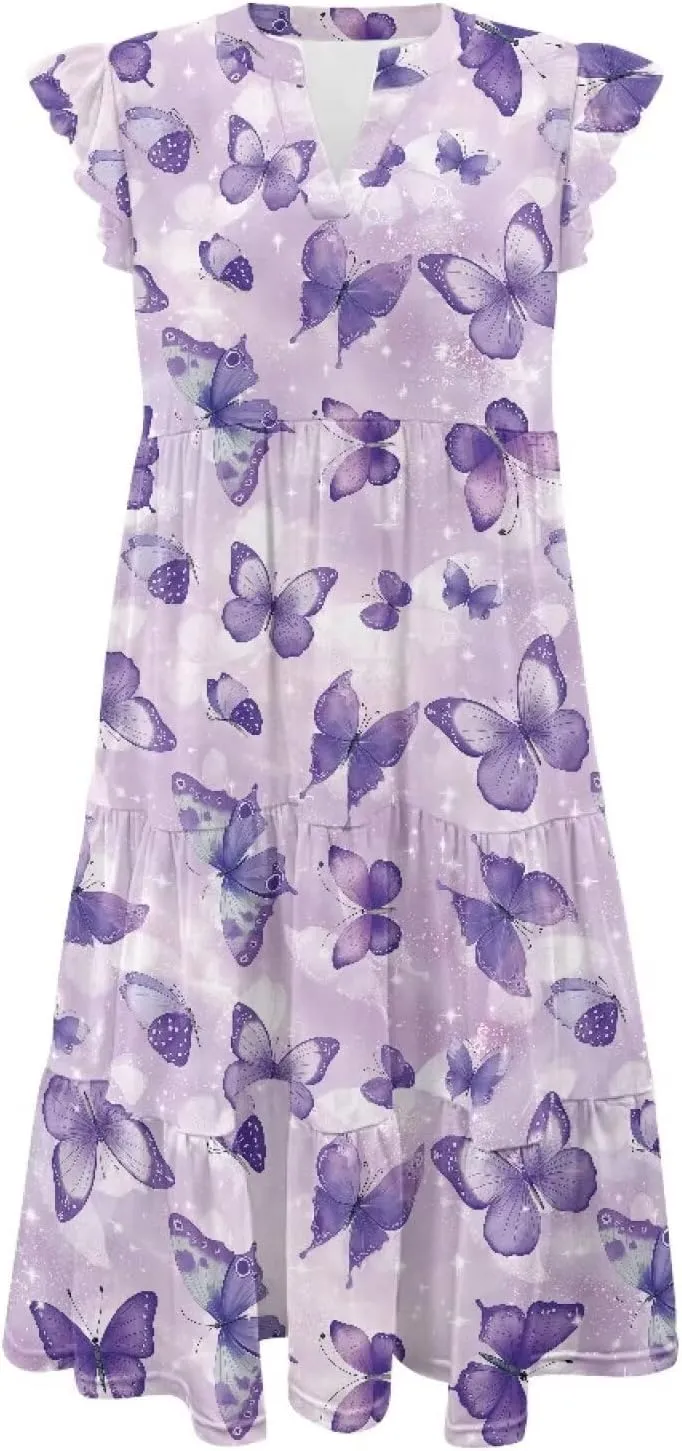 Youngerbaby Women Summer Dresses Midi Dress Flutter Sleeve Tiered Beach Dresses