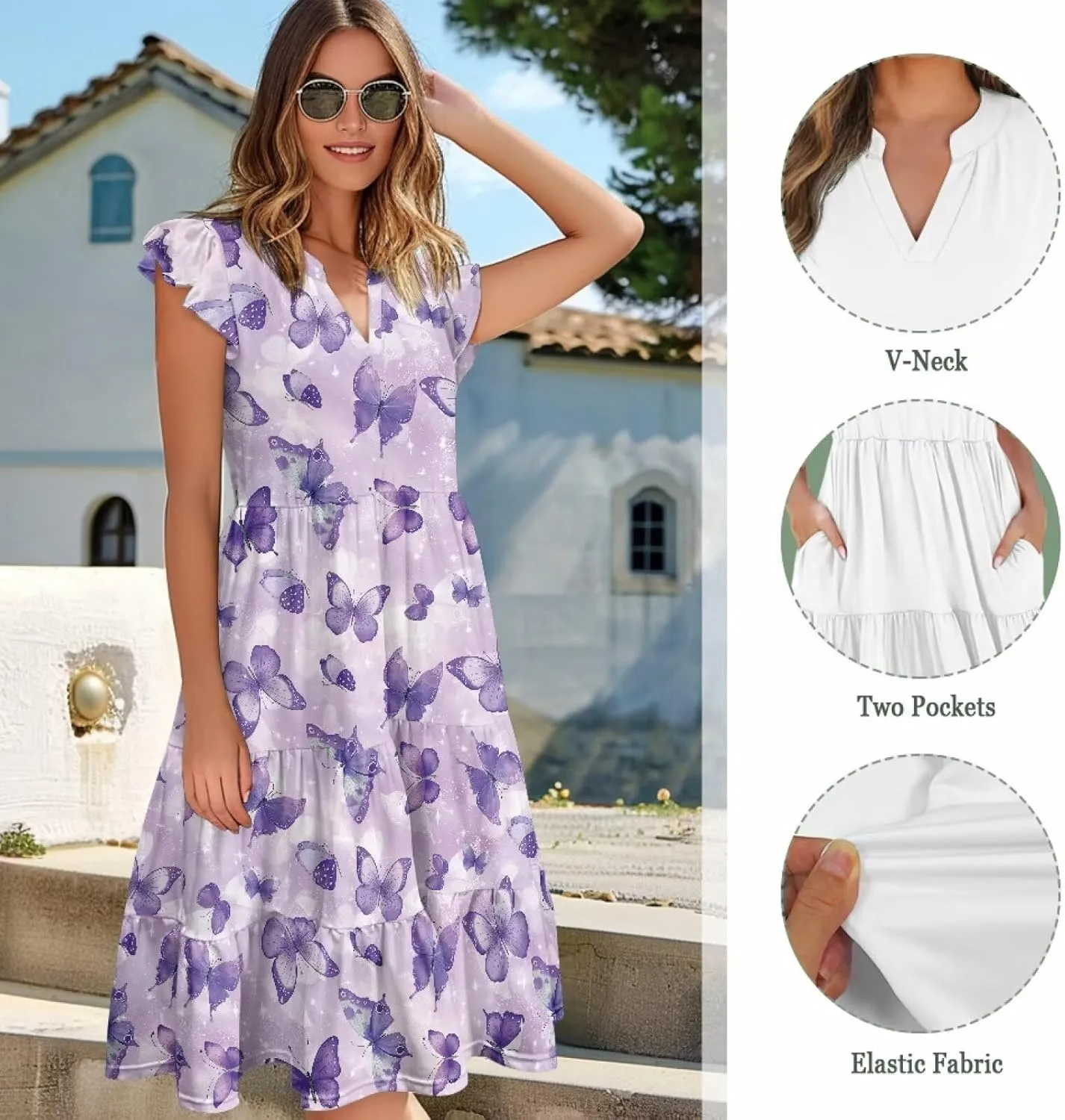 Youngerbaby Women Summer Dresses Midi Dress Flutter Sleeve Tiered Beach Dresses