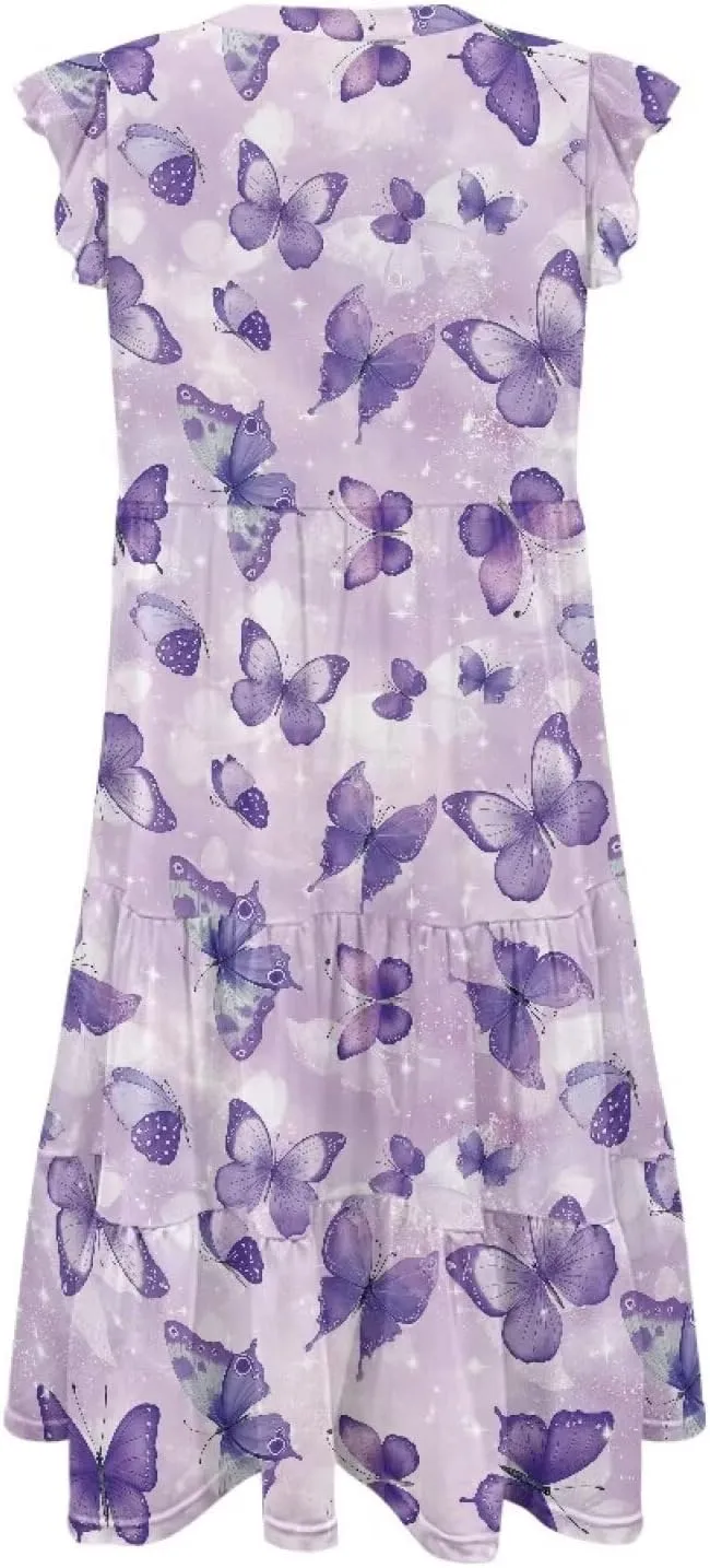Youngerbaby Women Summer Dresses Midi Dress Flutter Sleeve Tiered Beach Dresses