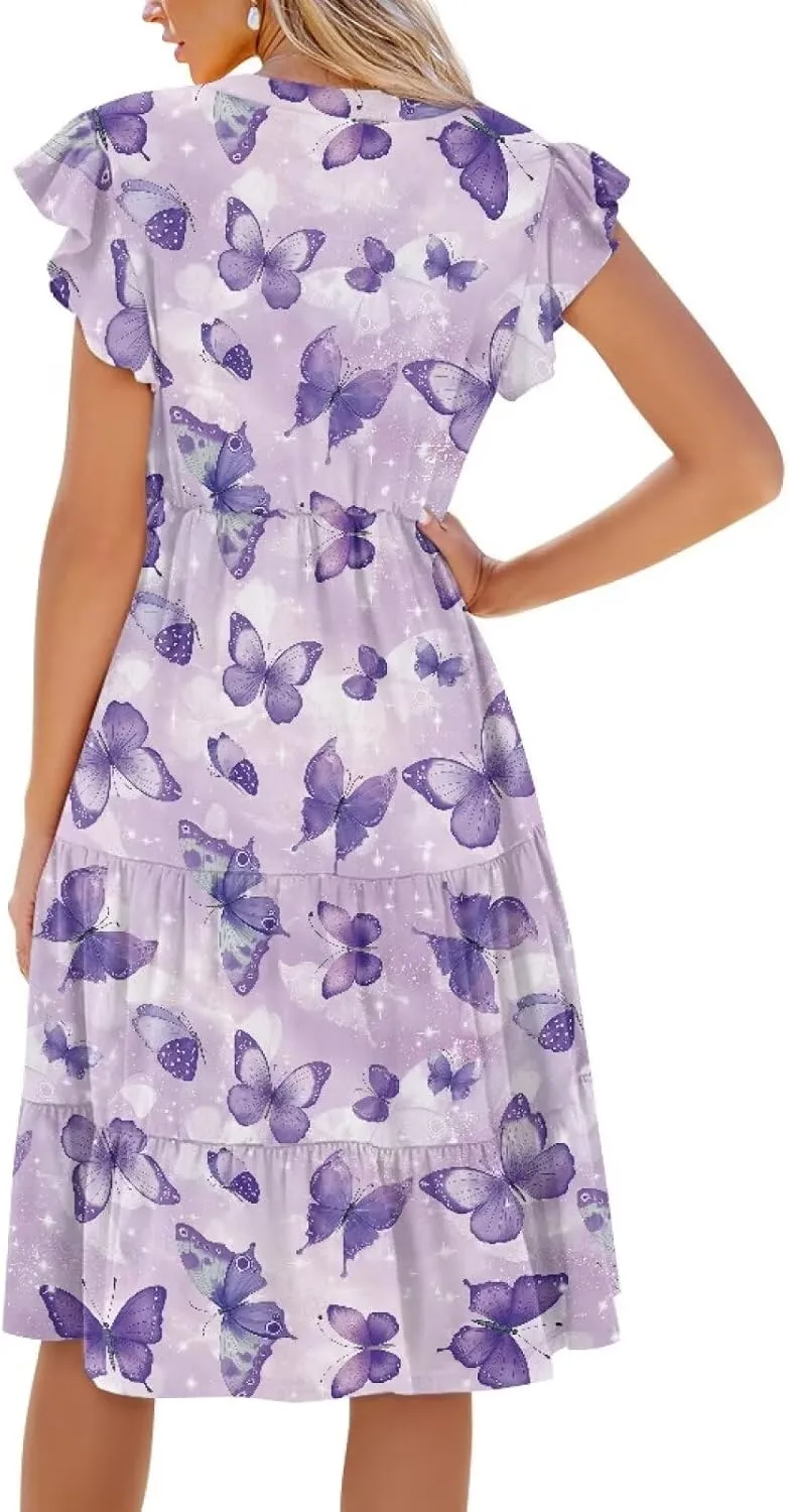 Youngerbaby Women Summer Dresses Midi Dress Flutter Sleeve Tiered Beach Dresses