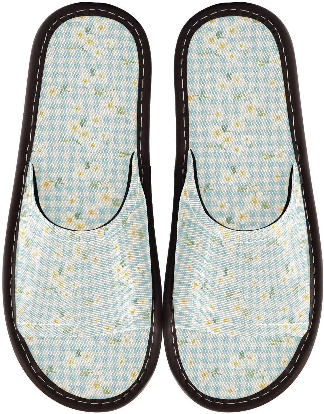 Yuiboo Flowers Light Blue Ginghams Men Women's Shower Slippers Breathable Non Slip Sandals for Travel Hotel Bedroom