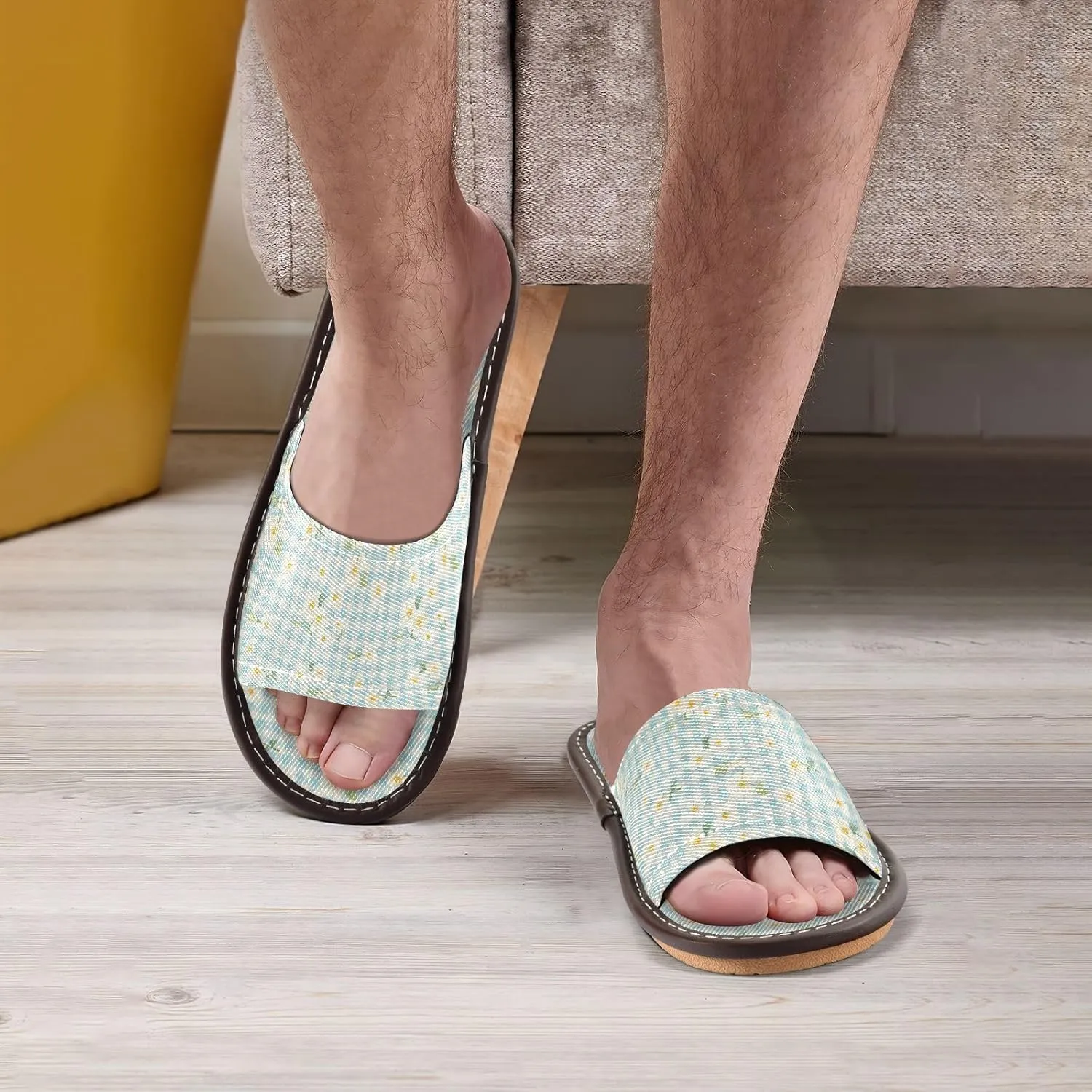 Yuiboo Flowers Light Blue Ginghams Men Women's Shower Slippers Breathable Non Slip Sandals for Travel Hotel Bedroom