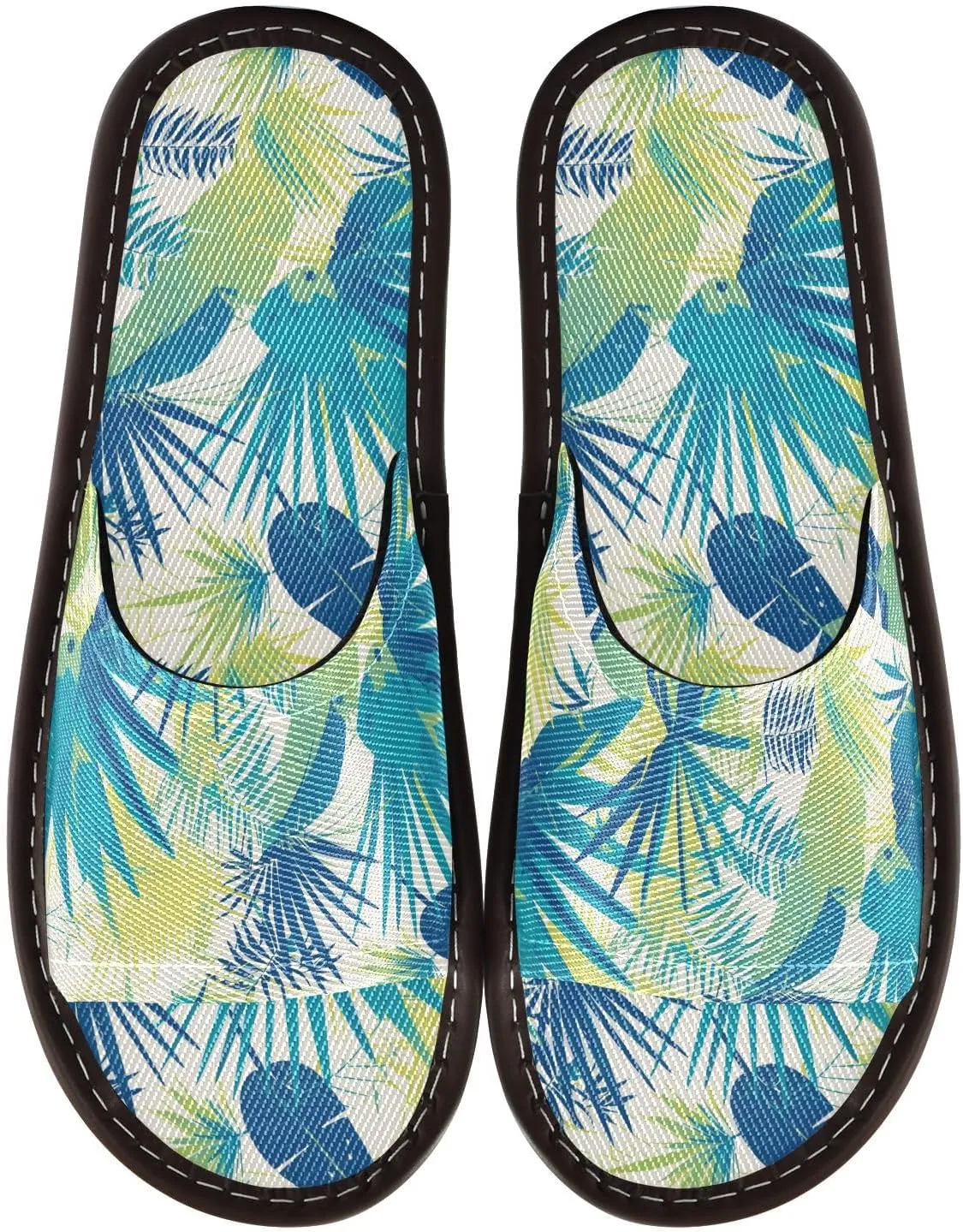 Yuiboo Green Blue Leafs Womens Bathroom Slippers Breathable Anti-slip Sandals for Home Hotel Bedroom