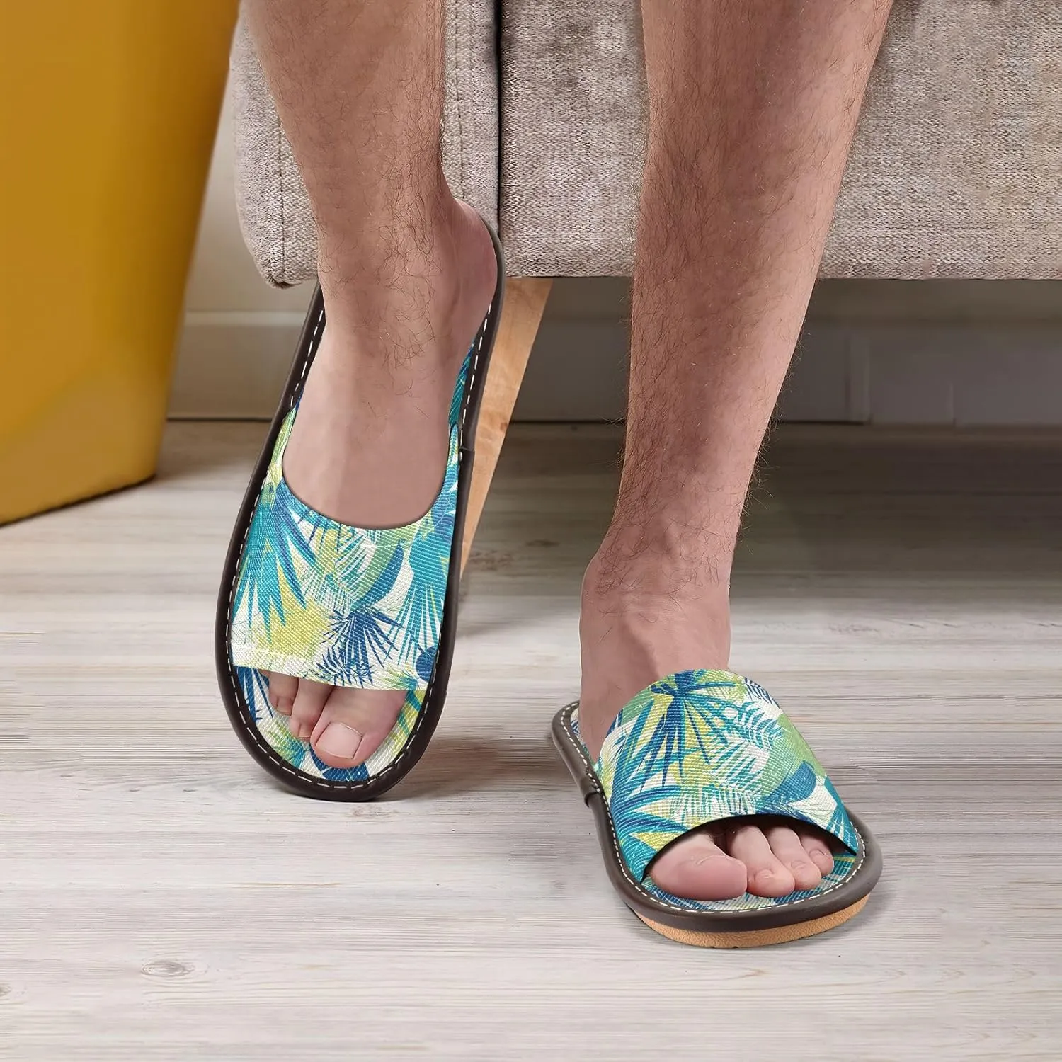 Yuiboo Green Blue Leafs Womens Bathroom Slippers Breathable Anti-slip Sandals for Home Hotel Bedroom