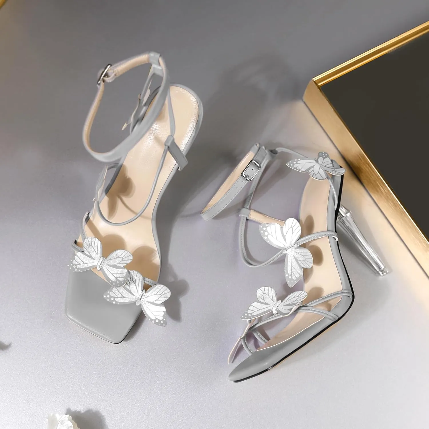 Zamikoo Open Toe Ankle Strap High Heels for Women, Square Toe Butterfly Heeled Sandals, Strappy Clear Stiletto Butterfly Heels 4 Incheses