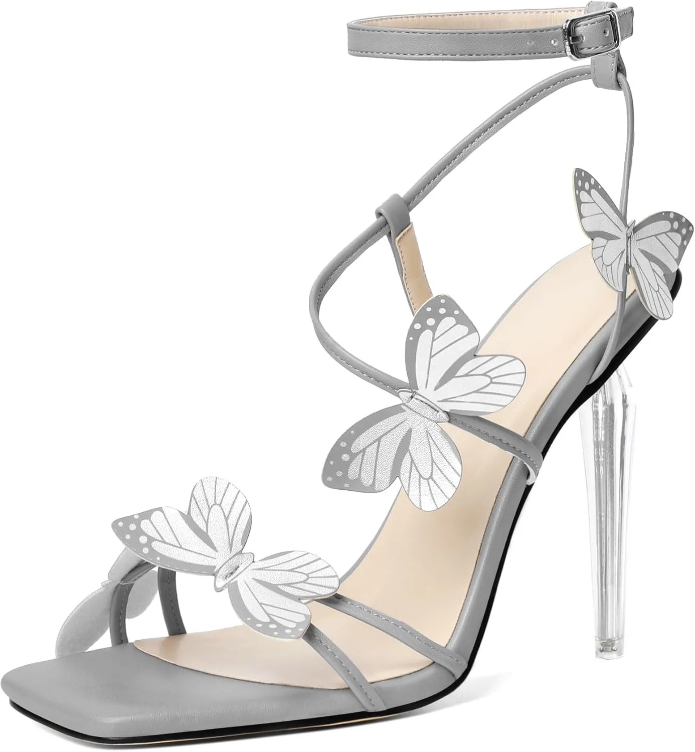 Zamikoo Open Toe Ankle Strap High Heels for Women, Square Toe Butterfly Heeled Sandals, Strappy Clear Stiletto Butterfly Heels 4 Incheses