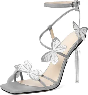 Zamikoo Open Toe Ankle Strap High Heels for Women, Square Toe Butterfly Heeled Sandals, Strappy Clear Stiletto Butterfly Heels 4 Incheses