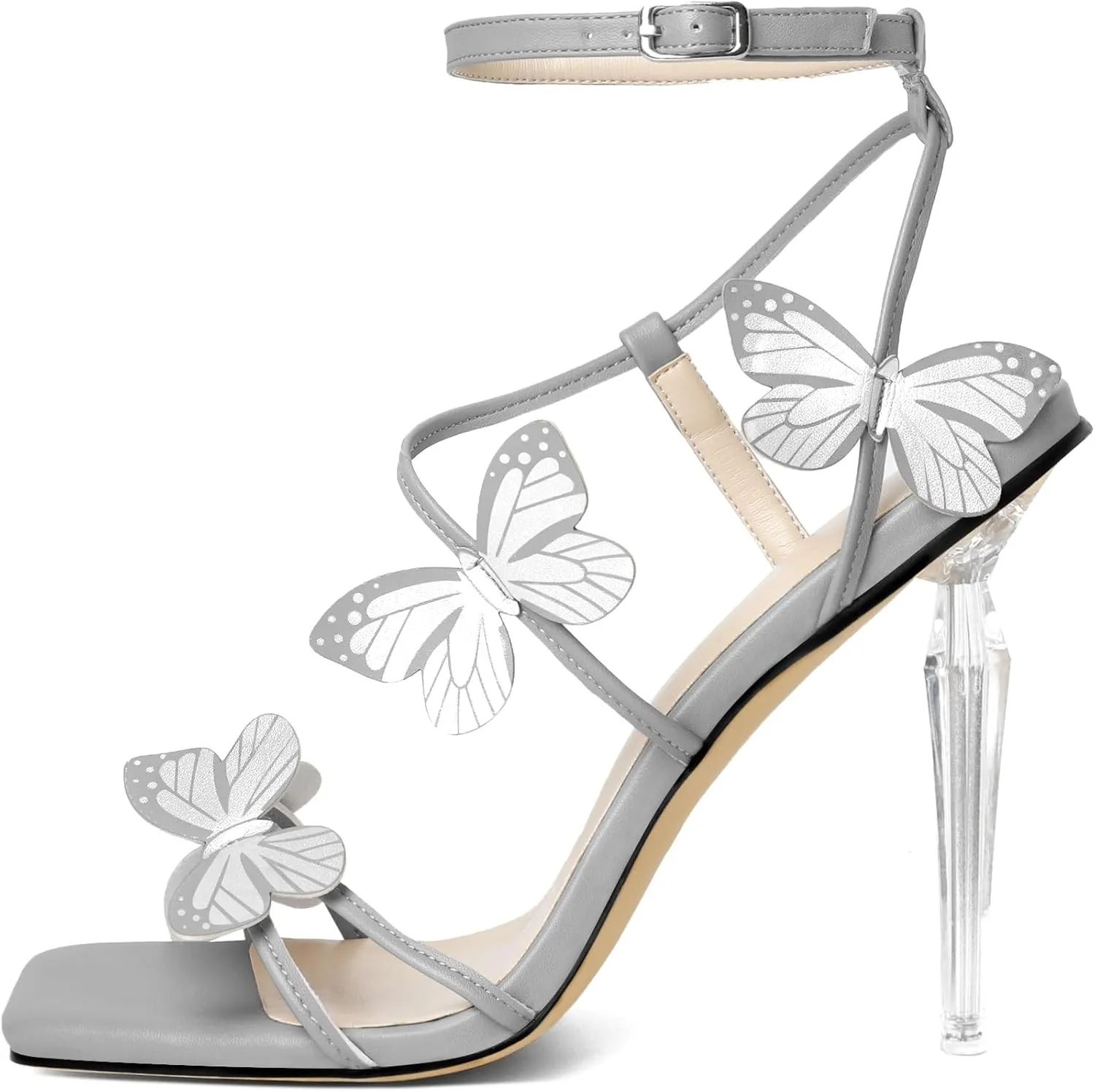 Zamikoo Open Toe Ankle Strap High Heels for Women, Square Toe Butterfly Heeled Sandals, Strappy Clear Stiletto Butterfly Heels 4 Incheses