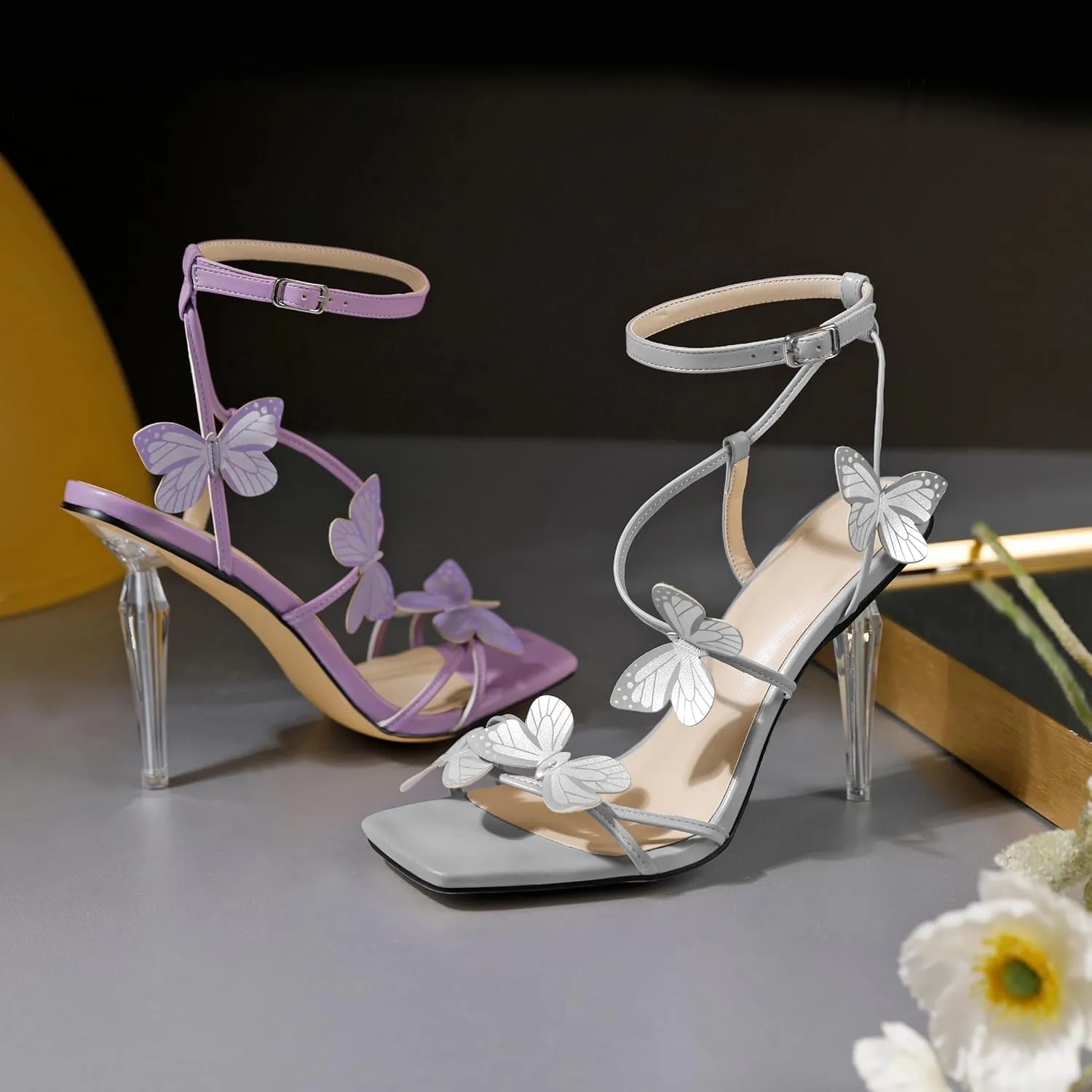 Zamikoo Open Toe Ankle Strap High Heels for Women, Square Toe Butterfly Heeled Sandals, Strappy Clear Stiletto Butterfly Heels 4 Incheses