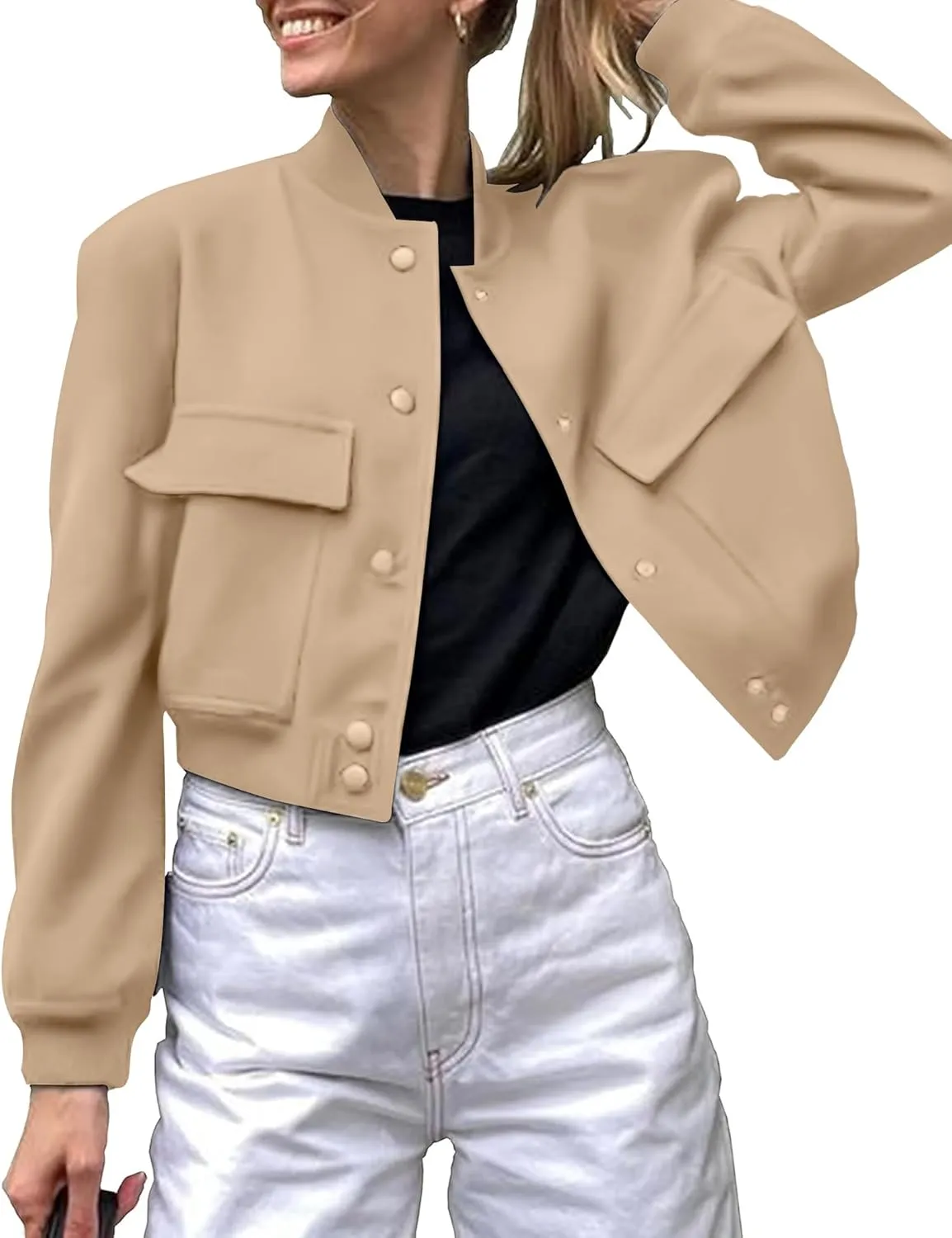 Zeagoo Women Bomber Jacket Casual Button Down Varsity Jackets Shackets With Pockets Outwear