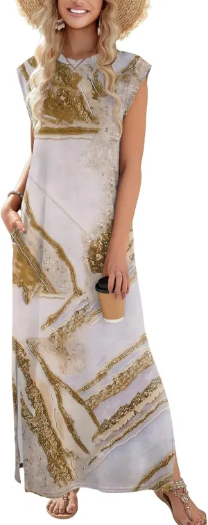 Zeagoo Women Floral Maxi Dress Summer Casual Sleeveless Sundress Crew Neck Long Dresses with Pockets 2025 Beach Vacation
