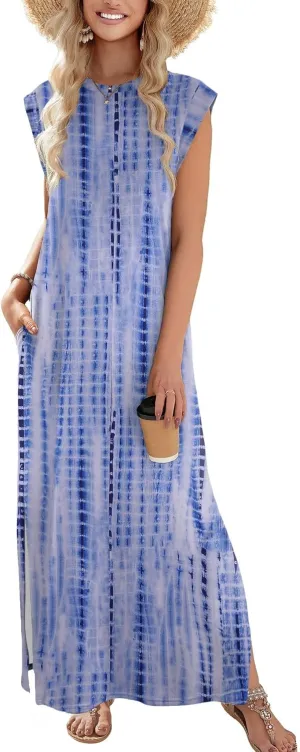 Zeagoo Women Floral Maxi Dress Summer Casual Sleeveless Sundress Crew Neck Long Dresses with Pockets 2025 Beach Vacation