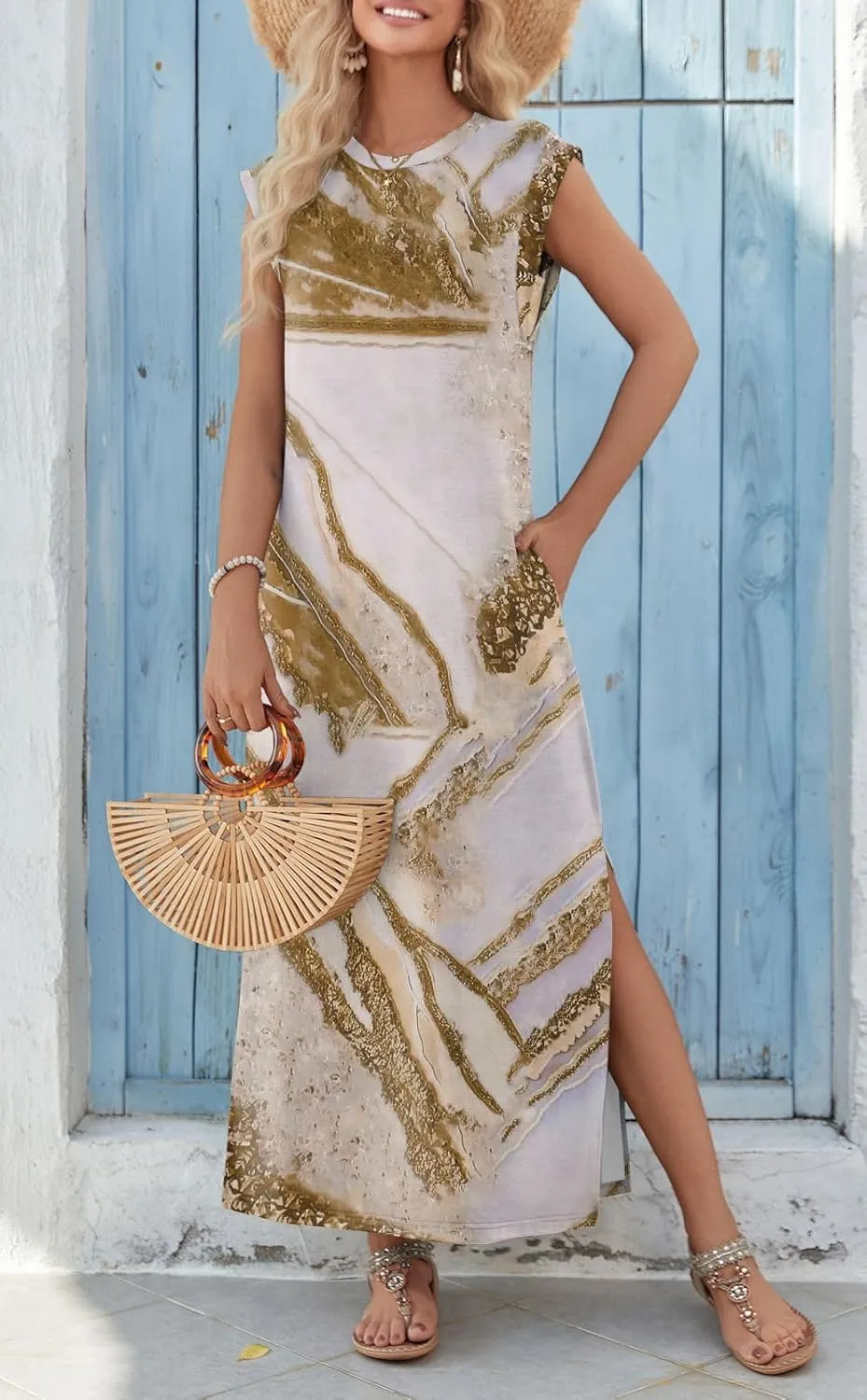 Zeagoo Women Floral Maxi Dress Summer Casual Sleeveless Sundress Crew Neck Long Dresses with Pockets 2025 Beach Vacation