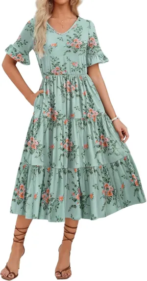 Zeagoo Women's Summer Dresses Midi Tiered Casual Dress Floral V Neck Ruffle Short Sleeve Flowy Beach Dress with Pockets