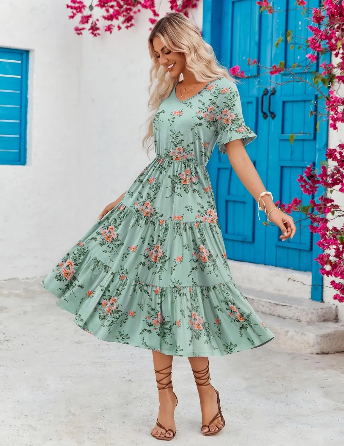 Zeagoo Women's Summer Dresses Midi Tiered Casual Dress Floral V Neck Ruffle Short Sleeve Flowy Beach Dress with Pockets