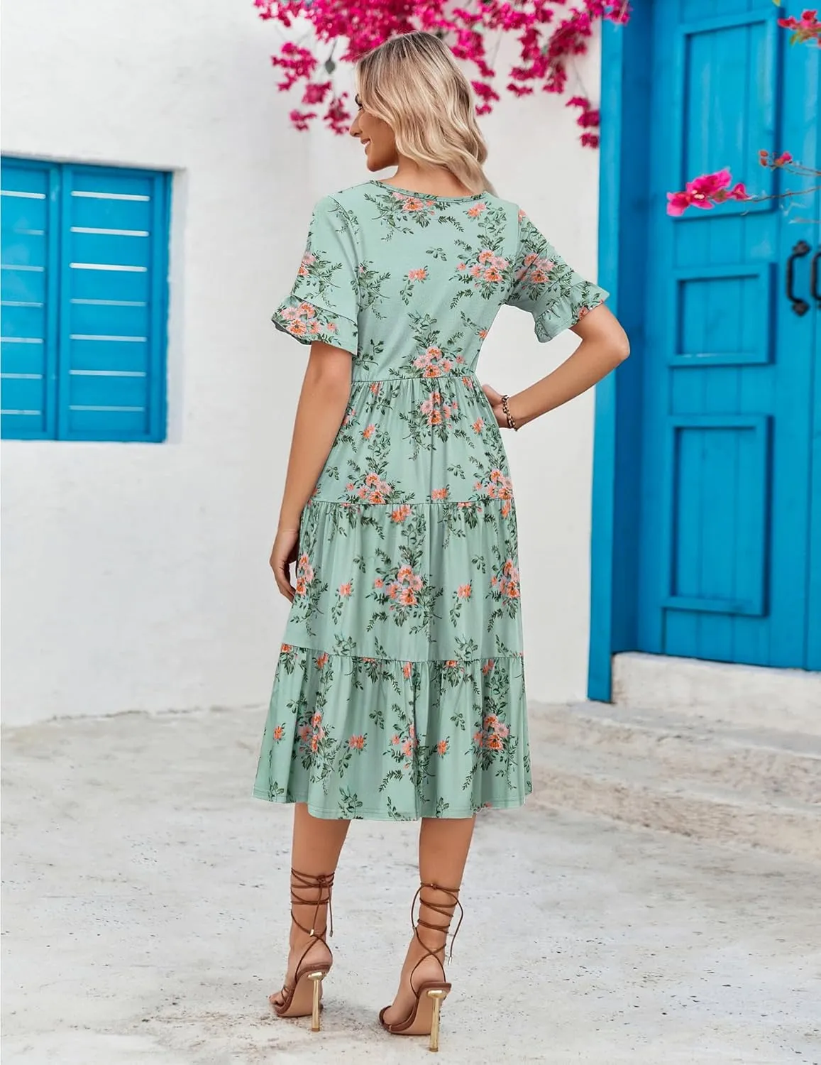 Zeagoo Women's Summer Dresses Midi Tiered Casual Dress Floral V Neck Ruffle Short Sleeve Flowy Beach Dress with Pockets