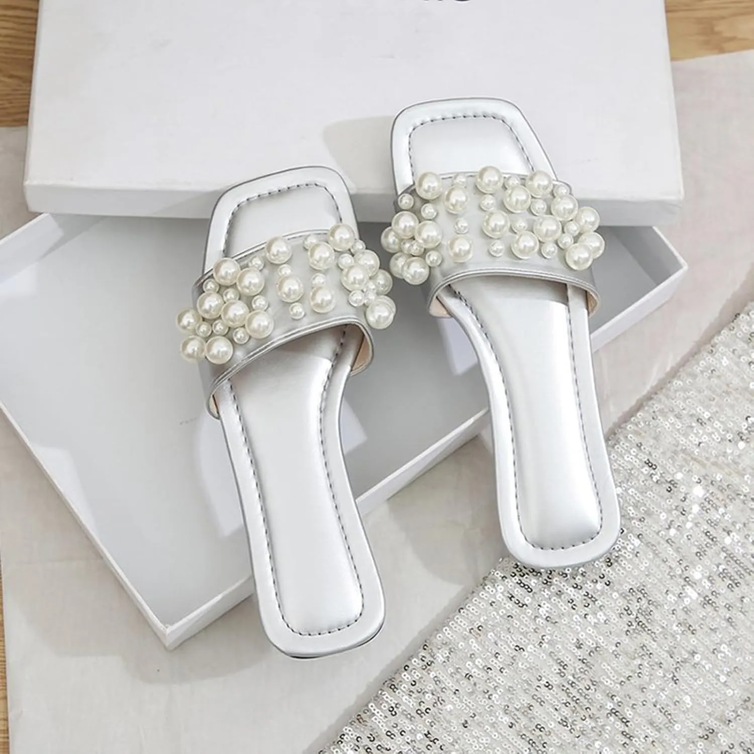 Zeberfi Women's Sparkle Pearl Flat Slide Sandals Fashion Summer Dress Party Slippers Breathable Square Open Toe Bling Beach Sandals