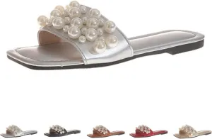 Zeberfi Women's Sparkle Pearl Flat Slide Sandals Fashion Summer Dress Party Slippers Breathable Square Open Toe Bling Beach Sandals