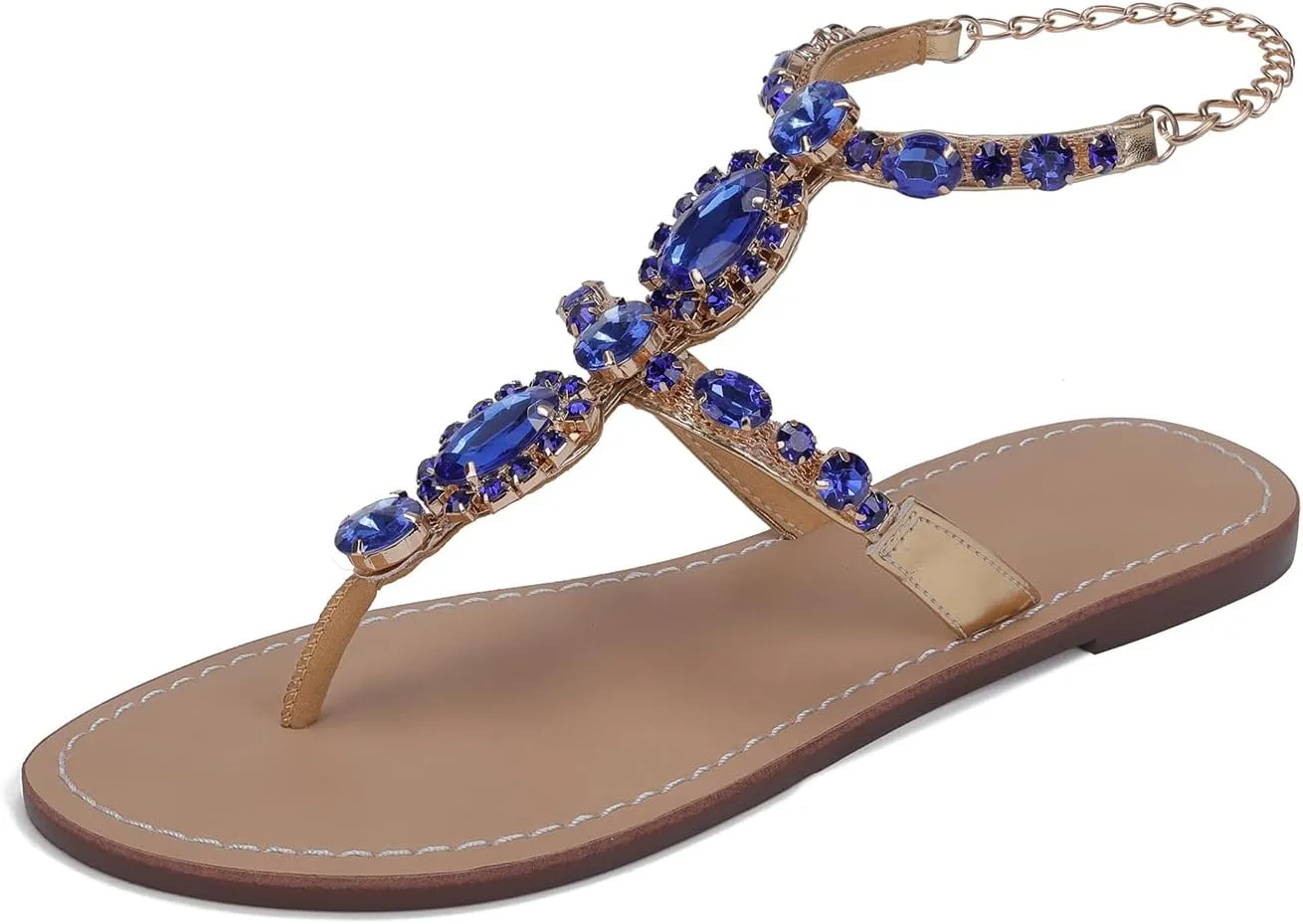 ZhuLinFeng Women'S Rhinestone Gladiator Sandals Flat Wedding Sandals Gem Pearl Sparkling Bridal Bridesmaid Sandals Blue Bohemian Sandals