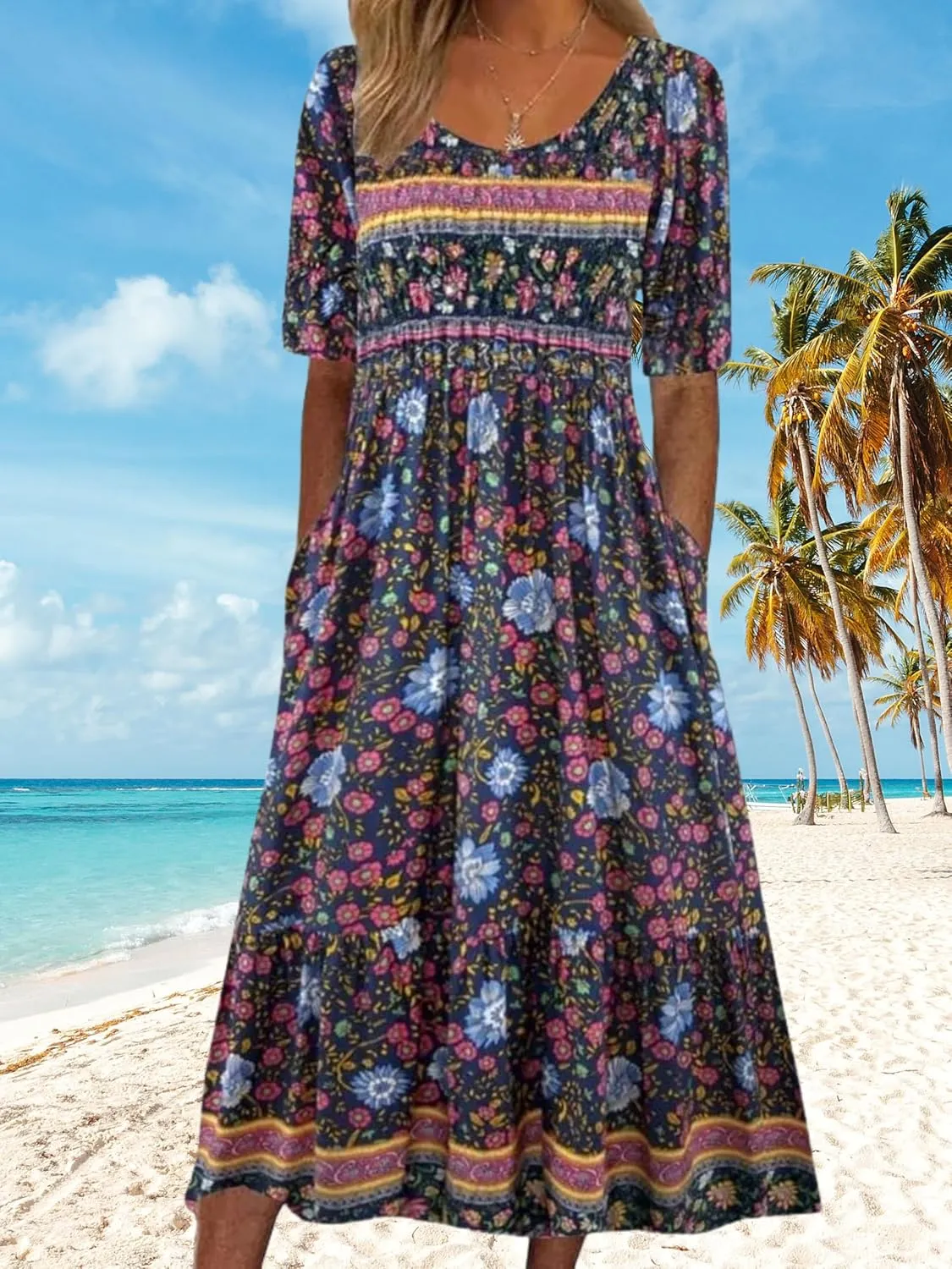 ZOCAVIA Womens Boho Floral Printed Maxi Dresses 2024 Summer Casual Loose Flowy Bohemian Vintage Short Sundresses with Pockets