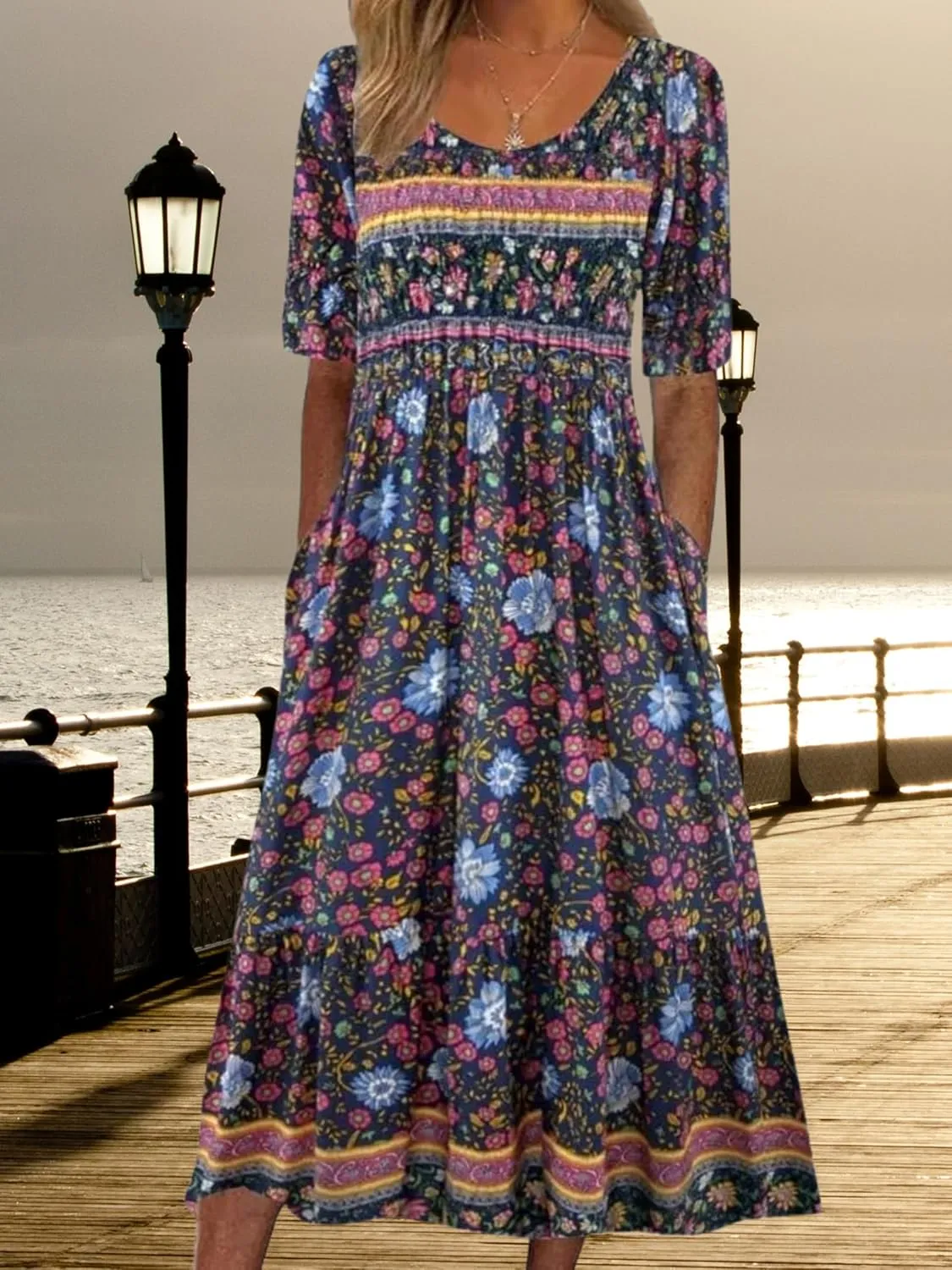 ZOCAVIA Womens Boho Floral Printed Maxi Dresses 2024 Summer Casual Loose Flowy Bohemian Vintage Short Sundresses with Pockets