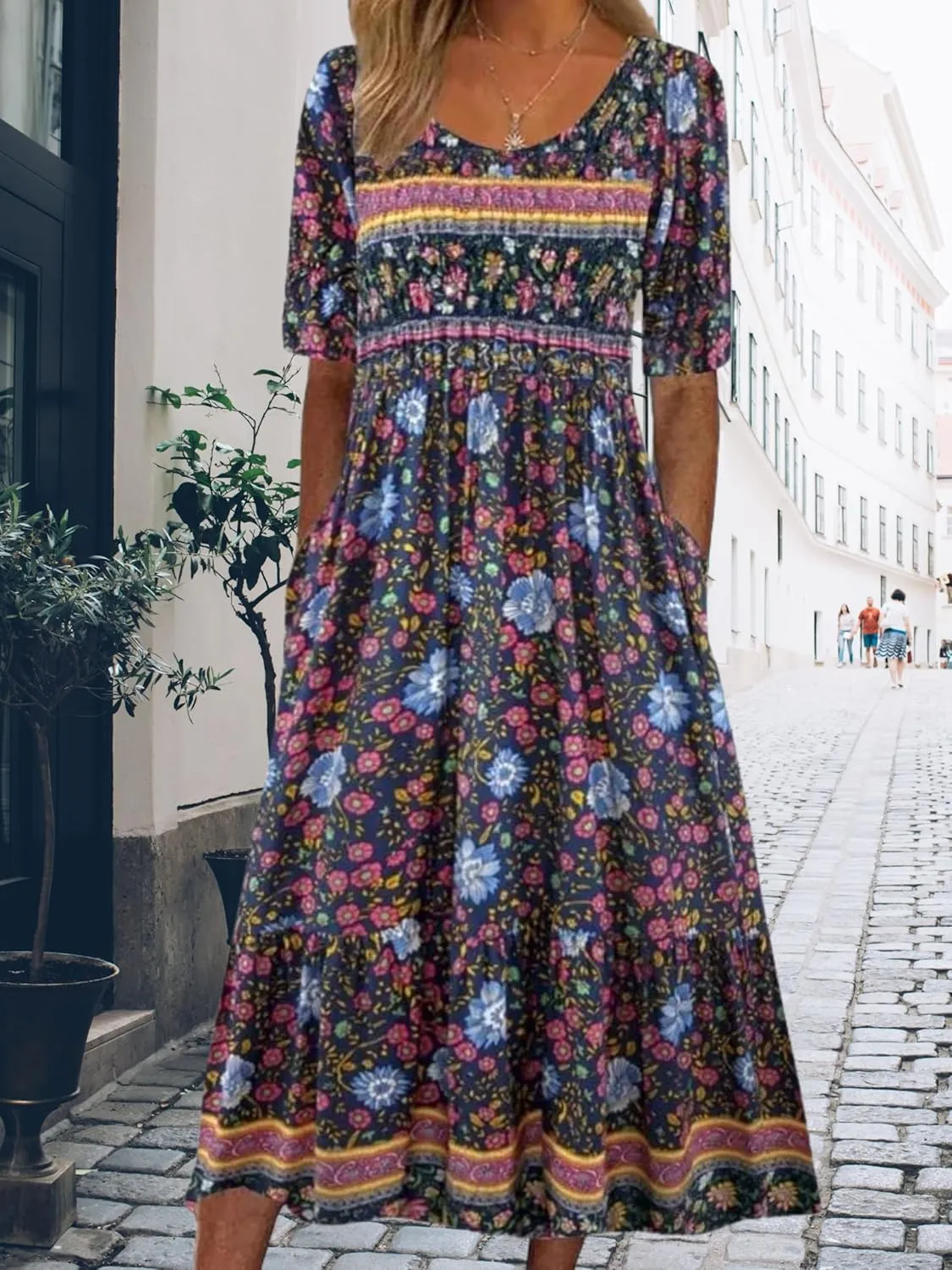 ZOCAVIA Womens Boho Floral Printed Maxi Dresses 2024 Summer Casual Loose Flowy Bohemian Vintage Short Sundresses with Pockets