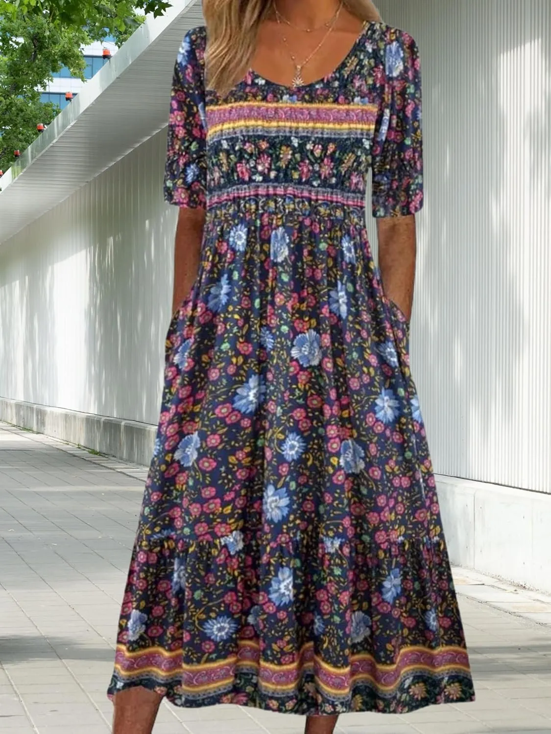 ZOCAVIA Womens Boho Floral Printed Maxi Dresses 2024 Summer Casual Loose Flowy Bohemian Vintage Short Sundresses with Pockets