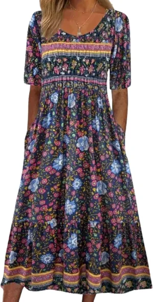 ZOCAVIA Womens Boho Floral Printed Maxi Dresses 2024 Summer Casual Loose Flowy Bohemian Vintage Short Sundresses with Pockets